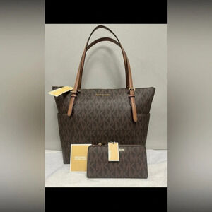 Michael Kors Jet Set Medium Tote + Zip Wallet Brown Logo Canvas NWT
